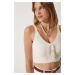 Happiness İstanbul Women's Cream Zigzag Drawstring Tricot Crop Top