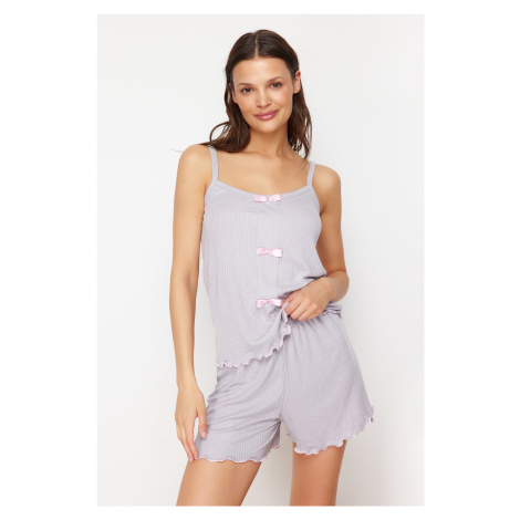 Trendyol Gray Ribbon/Bow Detailed Rope Strap Corded Knitted Pajama Set