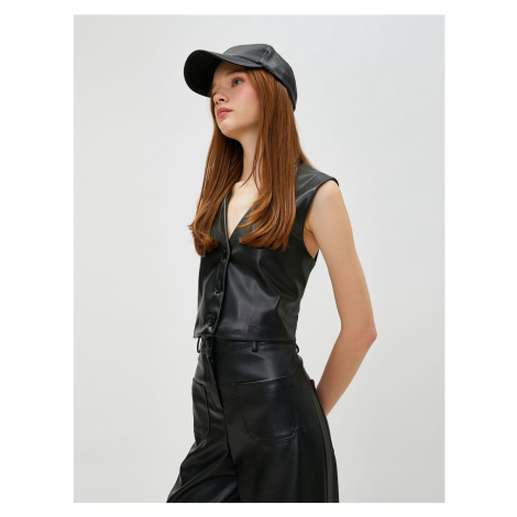 Koton Leather Look Vest V-Neck Buttoned