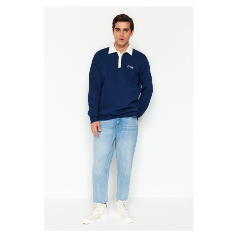 Trendyol Navy Blue Regular/Normal Cut Polo Neck Embroidered Cotton Sweatshirt with Fleece Inside