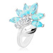 Prsteň v striebornom odtieni, kvet z čírych a modrých zirkónov, lesklý list - Veľkosť: 48 mm