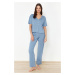 Trendyol Blue 100% Cotton Button and Pocket Detailed Ribbed Knitted Pajama Set