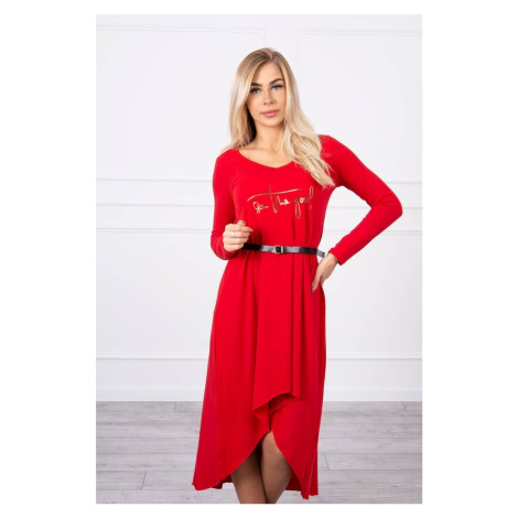Dress with a decorative belt and red lettering