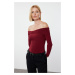 Trendyol Burgundy Ruffle/Drape Detailed Fitted Long Sleeve Stretchy Knitted Blouse