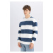 DEFACTO Men's Blue Boxy Fit Crew Neck Striped Sweatshirt