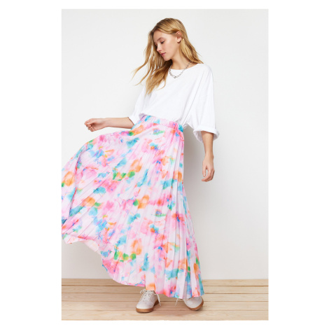 Trendyol Lilac Floral Pattern Pleated, Elastic Waist Woven Skirt