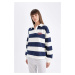 DEFACTO Women's Relax Fit Polo Neck Printed Striped Thick Fabric Sweatshirt