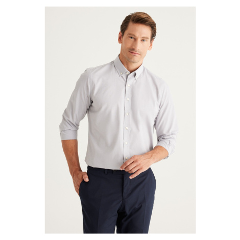 AC&Co / Altınyıldız Classics Men's Gray Slim Fit Slim-fit Oxford Buttoned Collar Gingham Cotton 