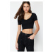 Trendyol Black Pool Collar Baby Overlock Detailed Crop Ribbed Stretchy Knitted Blouse