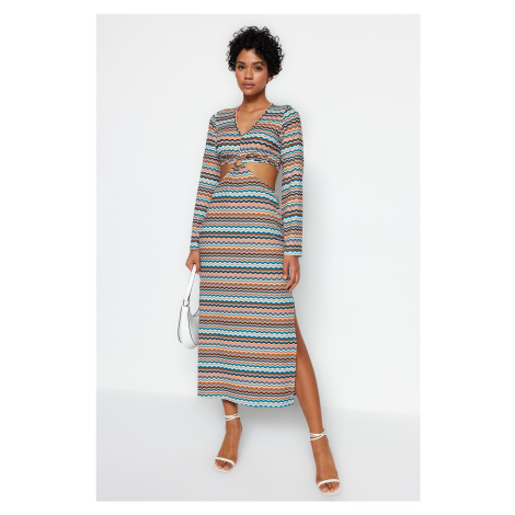 Trendyol Multicolored Cut Out Detailed Printed Stretch Midi Knit Dress