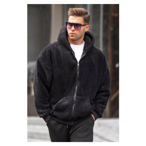 Madmext Black Plush Over Fit Men's Hooded and Zippered Sweatshirt 6049