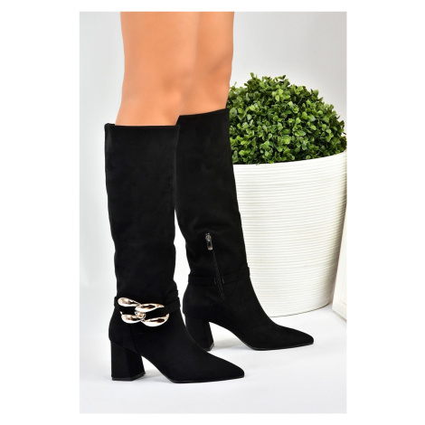 Fox Shoes Women's Black Suede Chain Detailed Heeled Boots