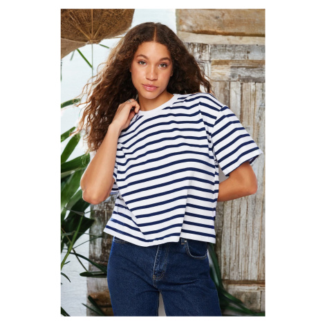 Trendyol Navy Blue Striped 100% Cotton Asymmetrical Loose/Relaxed Cut Knitted T-Shirt