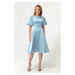 Lafaba Women's Baby Blue Balloon Sleeves and Stones Belted Mini Satin Evening Dress.