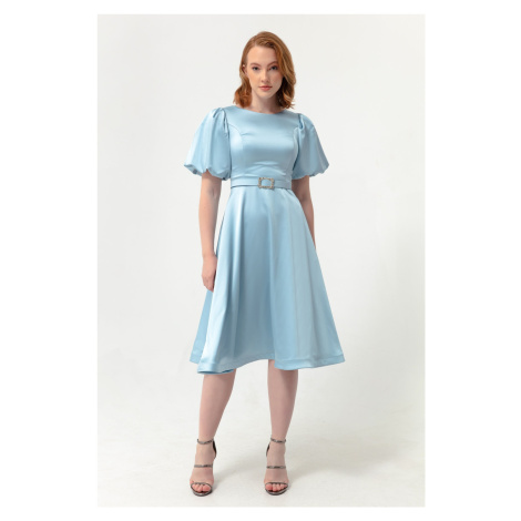 Lafaba Women's Baby Blue Balloon Sleeves and Stones Belted Mini Satin Evening Dress.