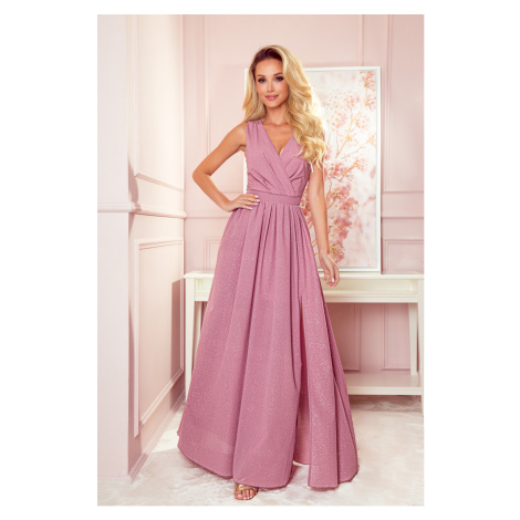 Numoco JUSTINE Dlhé šaty s výstrihom a zaväzovaním - púdrové ružové s trblietkami 362-1 Farba: R