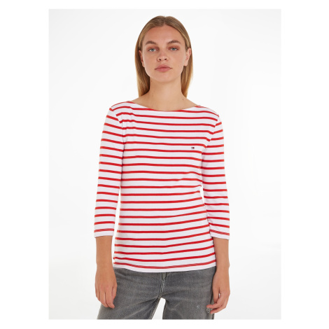 White and Red Ladies Striped Long Sleeve T-Shirt Tommy Hilfiger - Women