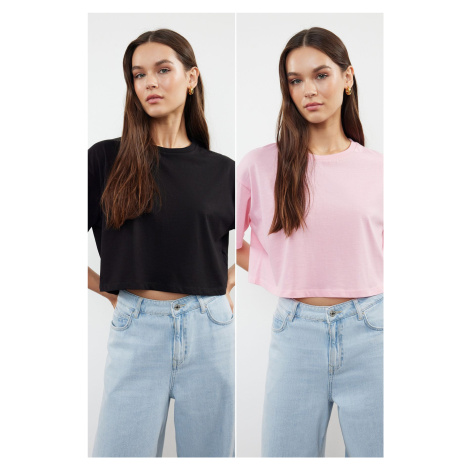 Trendyol Black-Pink 2-Pack 100% Cotton Relax/Comfortable Cut Crop Knitted T-Shirt