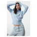 Trendyol Blue Soft Textured Hooded Sleeve Finger-Tucked Knitted Sweater