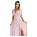 CRYSTAL - Dlhé lesklé dámske šaty v špinavo ružovej farbe s výstrihom 411-6