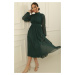 By Saygı High Neck Pleated Sleeves Elastic Lined Chiffon Dress