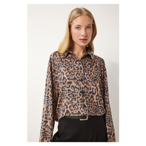 Happiness İstanbul Women's Black Beige Leopard Patterned Suede Shirt