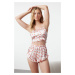 Trendyol Powder-Multi-Colored Cherry Patterned Satin Woven Pajama Set with Ruffles and Back Rope