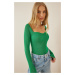 Happiness İstanbul Women's Medium Green Heart Neck Ribbed Knitwear Sweater