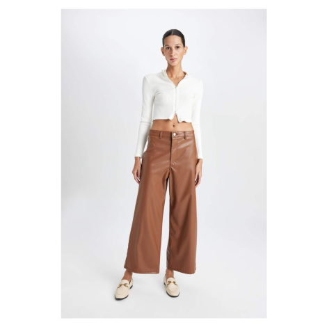 DEFACTO Culotte Crop Faux Leather Pants High Waist Wide Leg