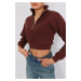 BİKELİFE Women's Brown Zippered Thick Inside Fleece Knitted Sweatshirt Crop