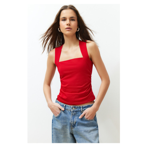 Trendyol Red Plain Square Neck Strappy Gathered Knitted Blouse