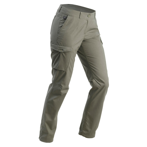 Dámske kapsáčové nohavice travel 100 na treking alebo cestovanie bavlnené sivé FORCLAZ