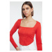 Trendyol Red Piping Detailed Square Neck Fitted Crop Interlock Knitted Blouse