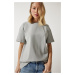 Happiness İstanbul Women's Stone Gray Loose Basic Cotton T-Shirt