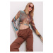 Trend Alaçatı Stili Women's Brown Crew Neck Digital Patterned Side Gathered Tulle Crop Blouse
