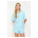 Trendyol Blue 100% Cotton Printed Ruffle Detail Knitted Pajamas Set