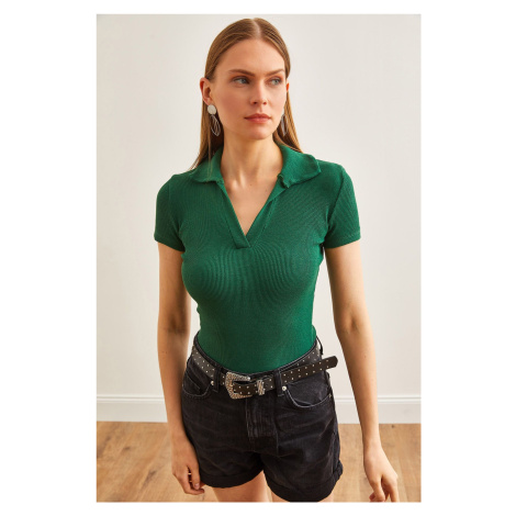 Olalook Women's Emerald Green Polo Collar Knitted Blouse