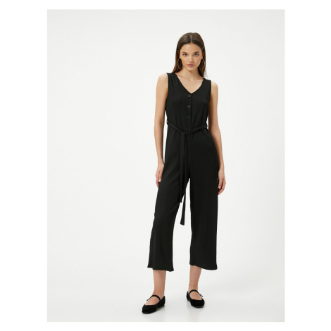 Koton Jumpsuit V-Neck Buttoned Wide Leg Sleeveless Belt Detailed