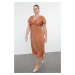 Trendyol Curve Brown Reversible Pleated Midi Plus Size Dress