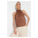 Trendyol Brown High Collar Regular Fit Pleated Knitted Blouse