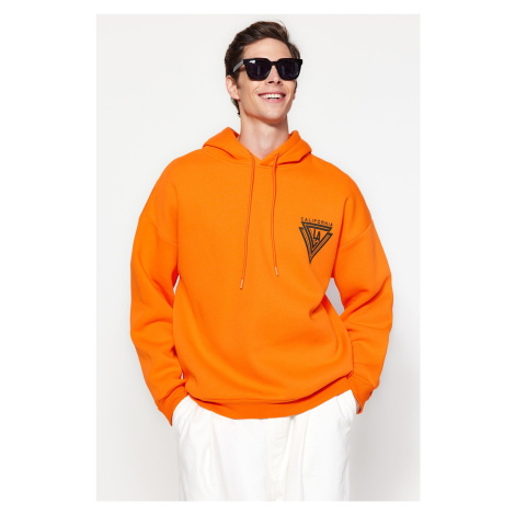 Trendyol Orange Hooded Oversize/Wide Cut College Printed Cotton Fleece Sweatshirt