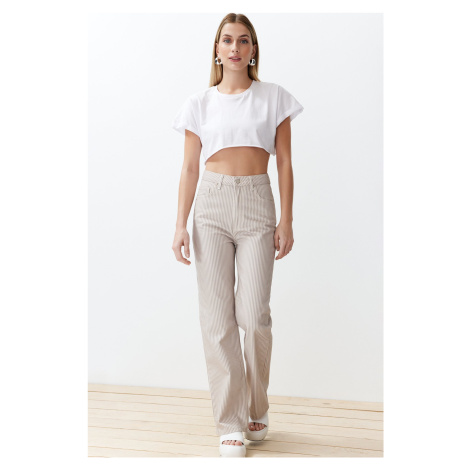 Trendyol Ecru Striped High Waist Wide Leg Jeans