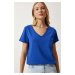 Happiness İstanbul Women's Blue V-Neck Basic Knitted T-Shirt