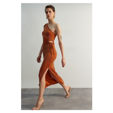 Trendyol Cinnamon One-Shoulder Detailed Evening Dress.