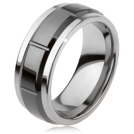 Tungstenový prsteň so zárezmi, strieborná farba, lesklý čierny povrch - Veľkosť: 67 mm