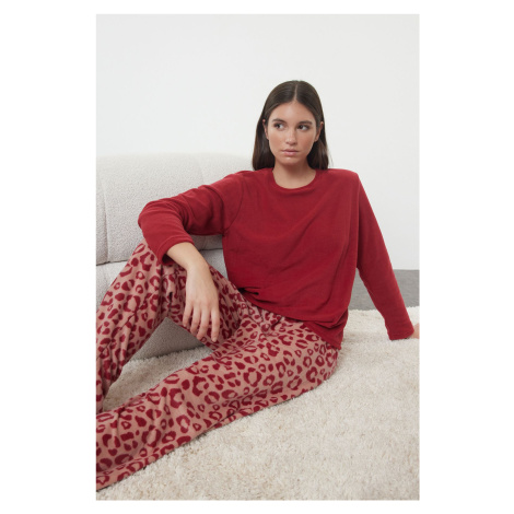 Trendyol Red Leopard Patterned Polar Fleece Winter Knitted Pajamas Set