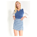 armonika Women's Indigo Plaid Pattern Stitched Slit Mini Skirt