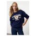 Trendyol Navy Blue Printed Oversize/Wide Fit Crew Neck Thick Knitted Sweatshirt