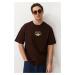 Trendyol Brown Oversize/Wide Cut Landscape Embroidered 100% Cotton T-Shirt