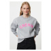 Trendyol Gray Melange Thick Inside Fleece Oversize/Relaxed Cut Slogan Embroidered Knitted Sweats